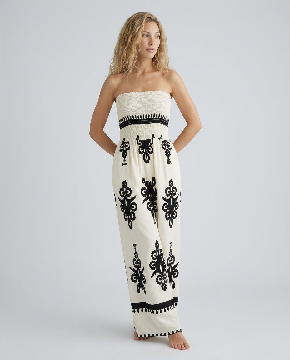 Una | Women's Elegant Strapless Jumpsuit with Wide-Leg Trousers — 2