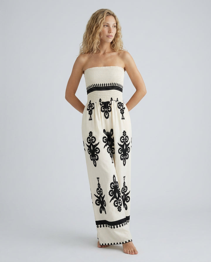Una | Women's Elegant Strapless Jumpsuit with Wide-Leg Trousers — 2