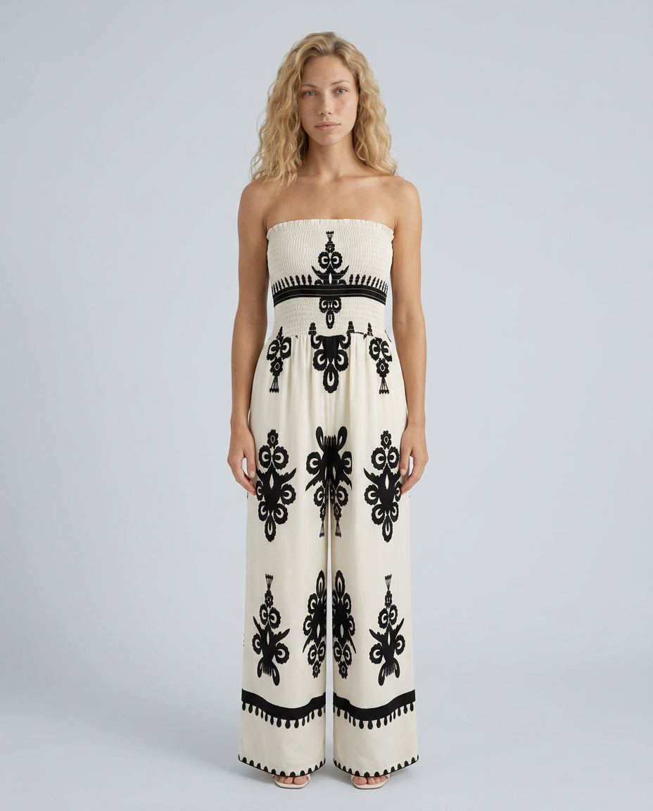 Una | Women's Elegant Strapless Jumpsuit with Wide-Leg Trousers — 3