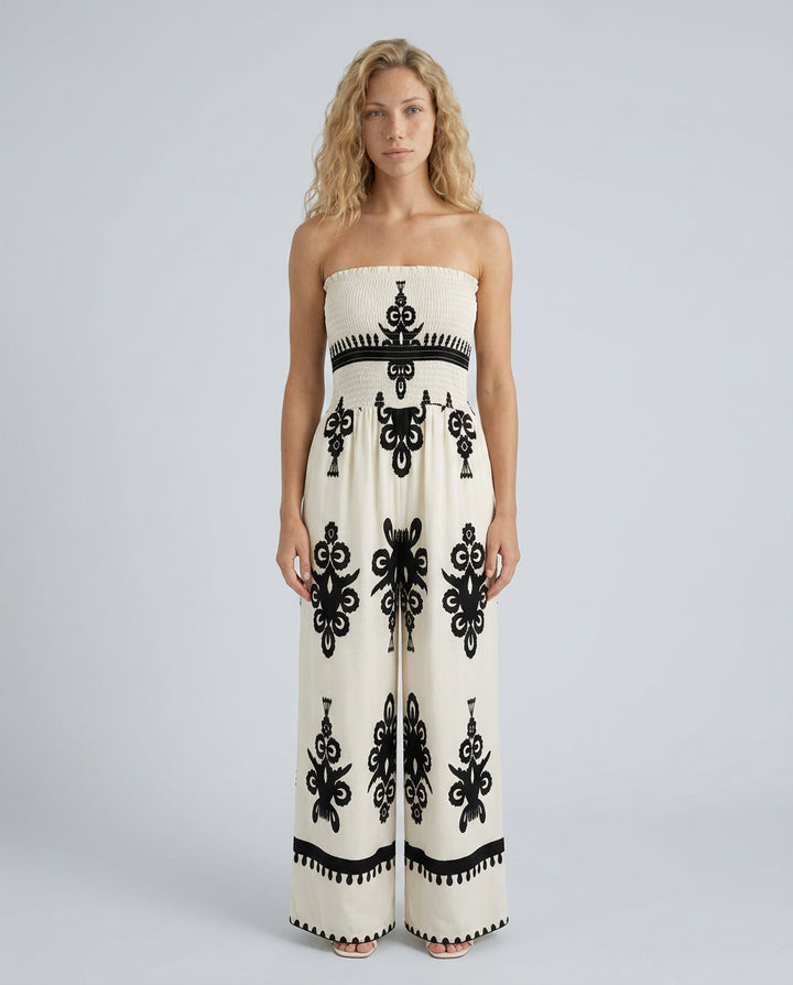 Una | Women's Elegant Strapless Jumpsuit with Wide-Leg Trousers — 3