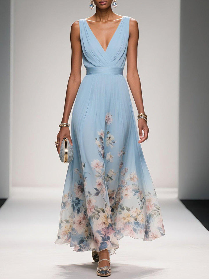 Unaanthe | Women's Elegant Floral Wedding Guest Dress — Light Blue