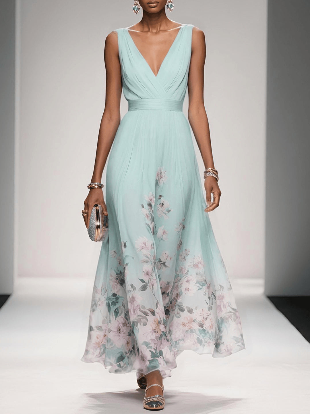 Unaanthe | Women's Elegant Floral Wedding Guest Dress — Light Green