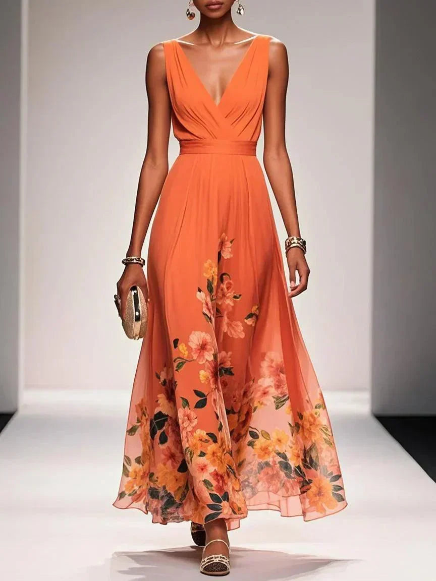 Unaanthe | Women's Elegant Floral Wedding Guest Dress — Orange