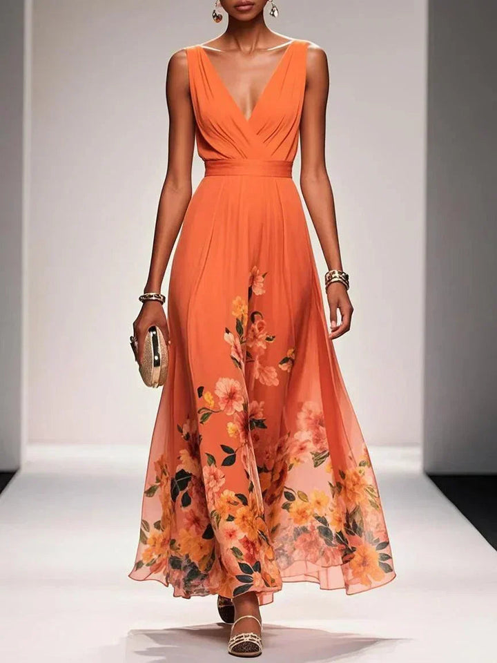 Unaanthe | Women's Elegant Floral Wedding Guest Dress — Orange