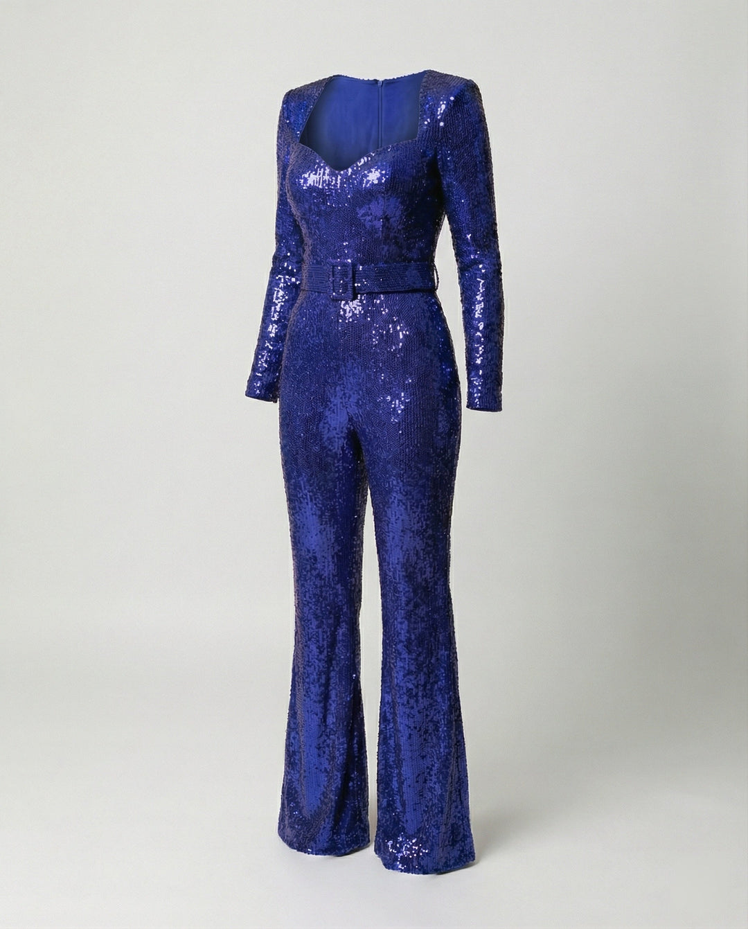 Valebelle | Women's Elegant Long Sleeve Sequin Jumpsuit – Fitted Cocktail Party Jumpsuit — Blue