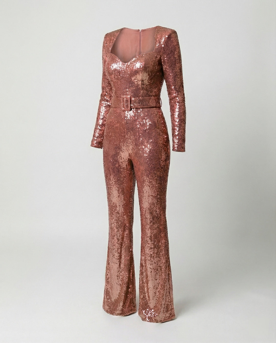 Valebelle | Women's Elegant Long Sleeve Sequin Jumpsuit – Fitted Cocktail Party Jumpsuit — Light Pink