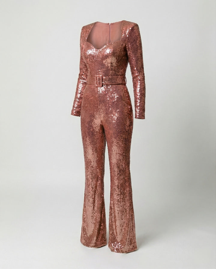 Valebelle | Women's Elegant Long Sleeve Sequin Jumpsuit – Fitted Cocktail Party Jumpsuit — Light Pink