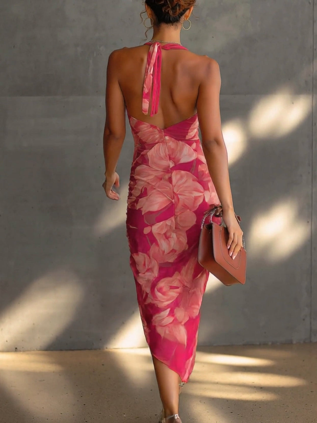 Valemira | Women's Floral Ruched Midi Dress with Cowl Neck Design — 2
