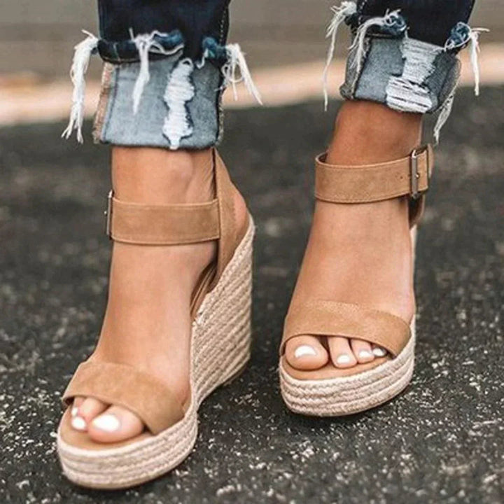 Valeora | Women's Comfortable Wedge Sandals - Open Toe - Ankle Strap with Buckle - Espadrille Heel — Brown