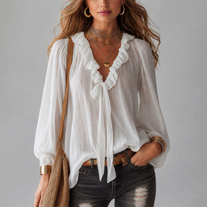 Valesia | Women's Relaxed Casual Ruffle Tie-Neck Blouse — 1