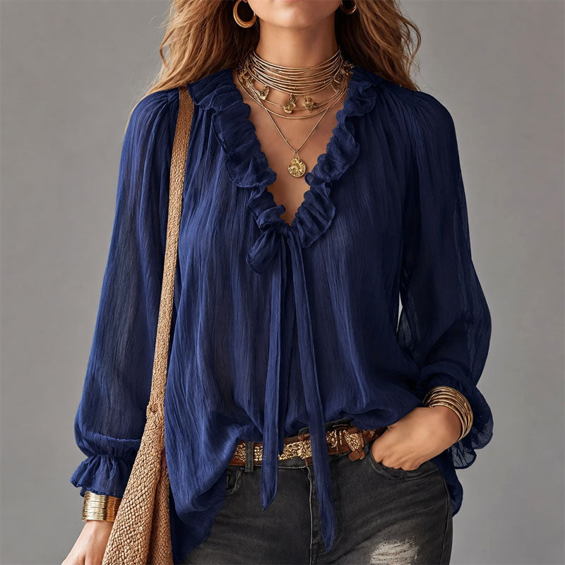 Valesia | Women's Relaxed Casual Ruffle Tie-Neck Blouse — 2