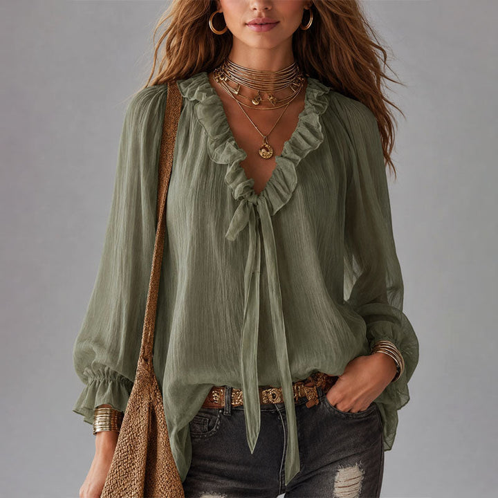 Valesia | Women's Relaxed Casual Ruffle Tie-Neck Blouse — Green