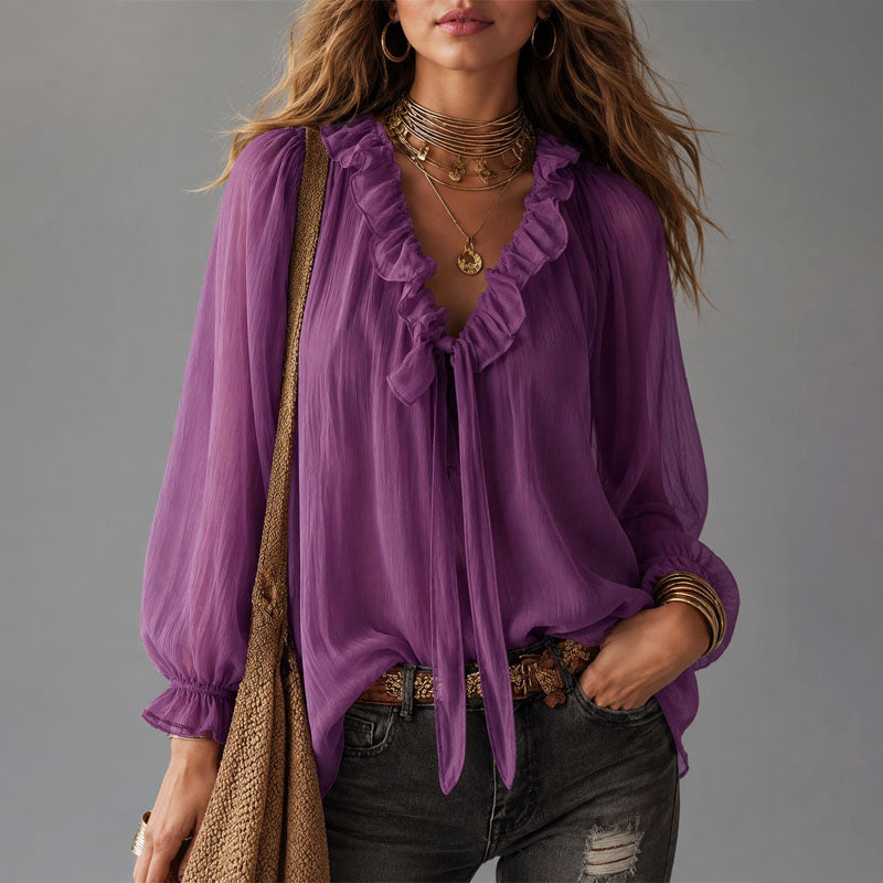 Valesia | Women's Relaxed Casual Ruffle Tie-Neck Blouse — Purple
