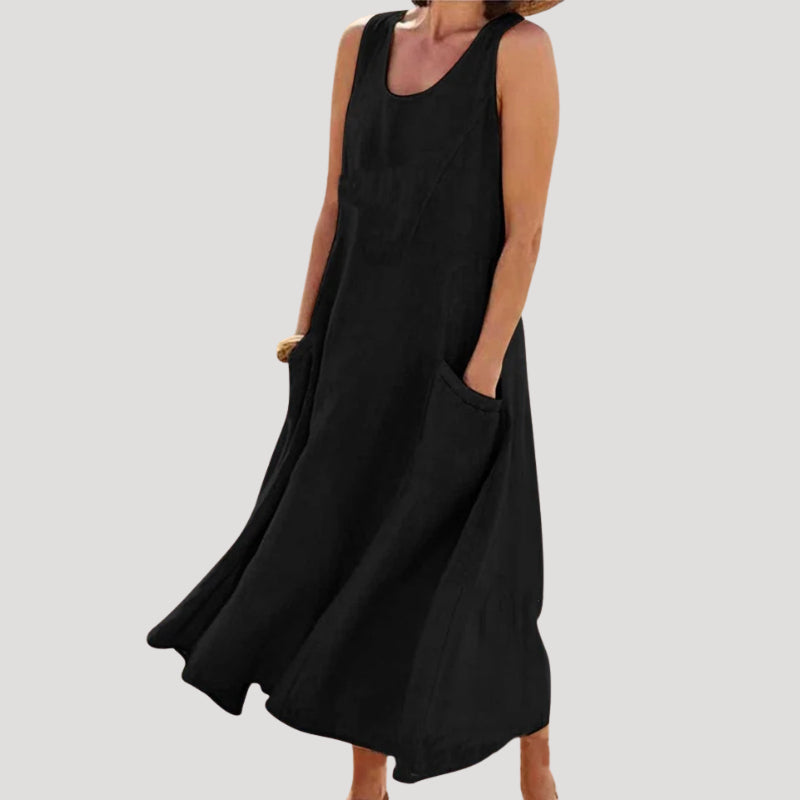 Valestine | Women's Elegant Linen Dress Maxi Sleeveless Tank Loose Pocket Casual — Black