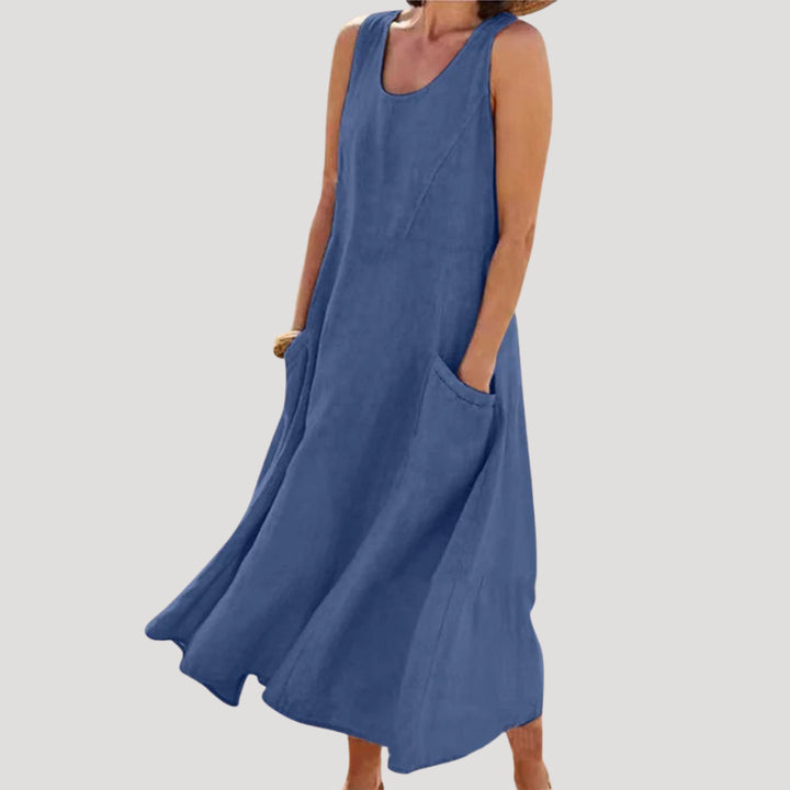Valestine | Women's Elegant Linen Dress Maxi Sleeveless Tank Loose Pocket Casual — Blue