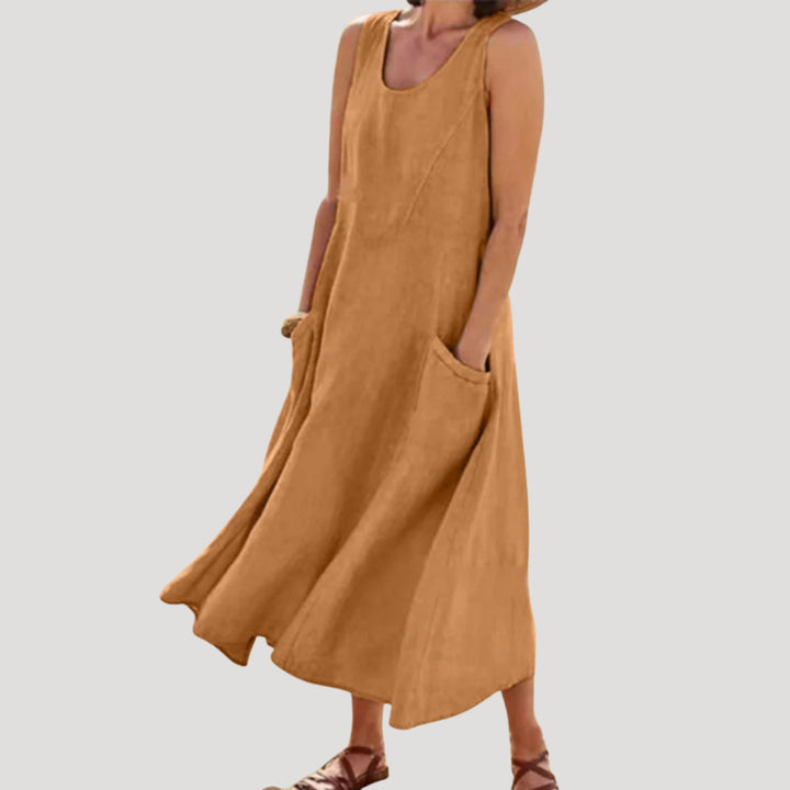 Valestine | Women's Elegant Linen Dress Maxi Sleeveless Tank Loose Pocket Casual — Brown