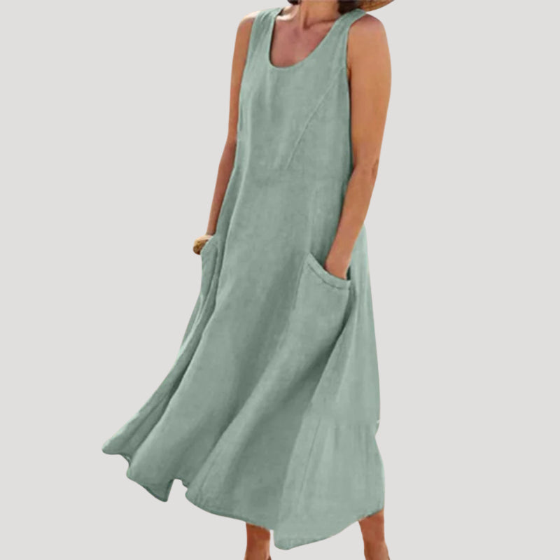 Valestine | Women's Elegant Linen Dress Maxi Sleeveless Tank Loose Pocket Casual — Green