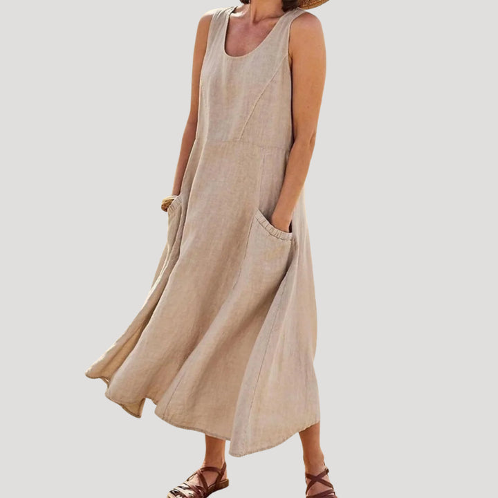 Valestine | Women's Elegant Linen Dress Maxi Sleeveless Tank Loose Pocket Casual — Khaki