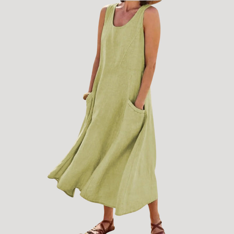 Valestine | Women's Elegant Linen Dress Maxi Sleeveless Tank Loose Pocket Casual — Light Green