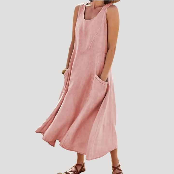 Valestine | Women's Elegant Linen Dress Maxi Sleeveless Tank Loose Pocket Casual — Pink