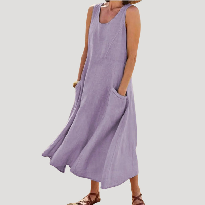 Valestine | Women's Elegant Linen Dress Maxi Sleeveless Tank Loose Pocket Casual — Purple