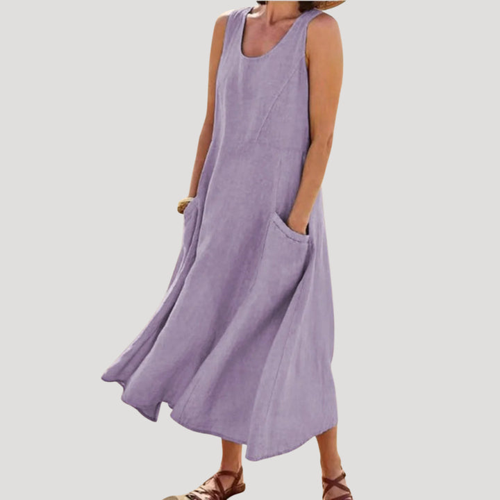 Valestine | Women's Elegant Linen Dress Maxi Sleeveless Tank Loose Pocket Casual — Purple