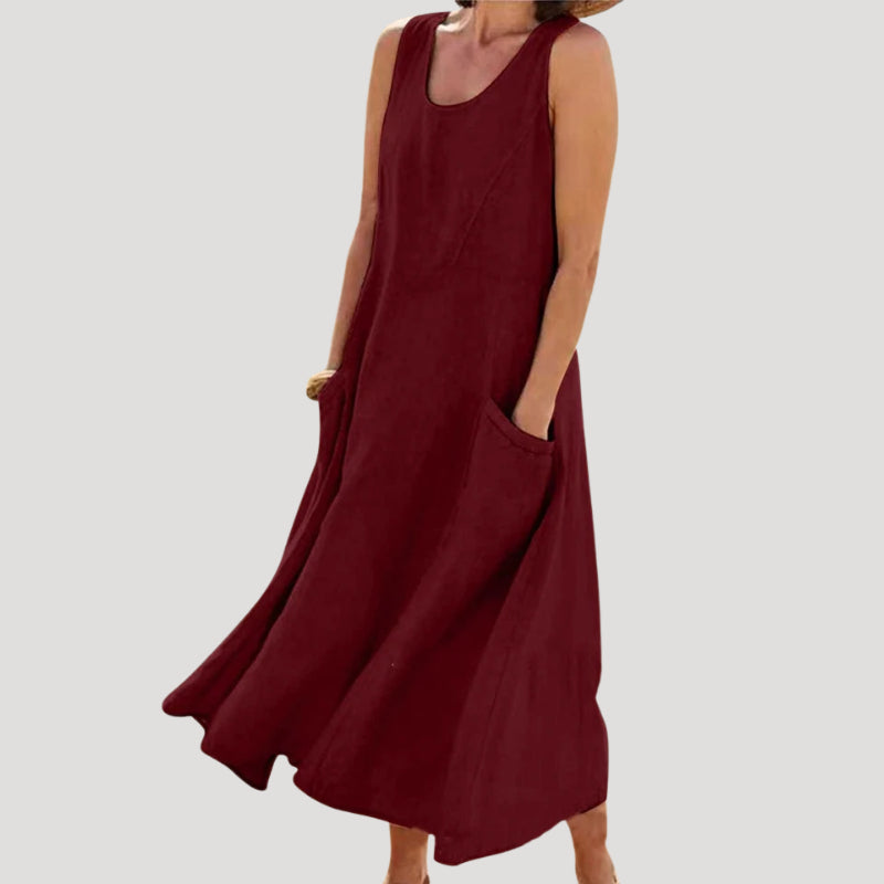 Valestine | Women's Elegant Linen Dress Maxi Sleeveless Tank Loose Pocket Casual — Red