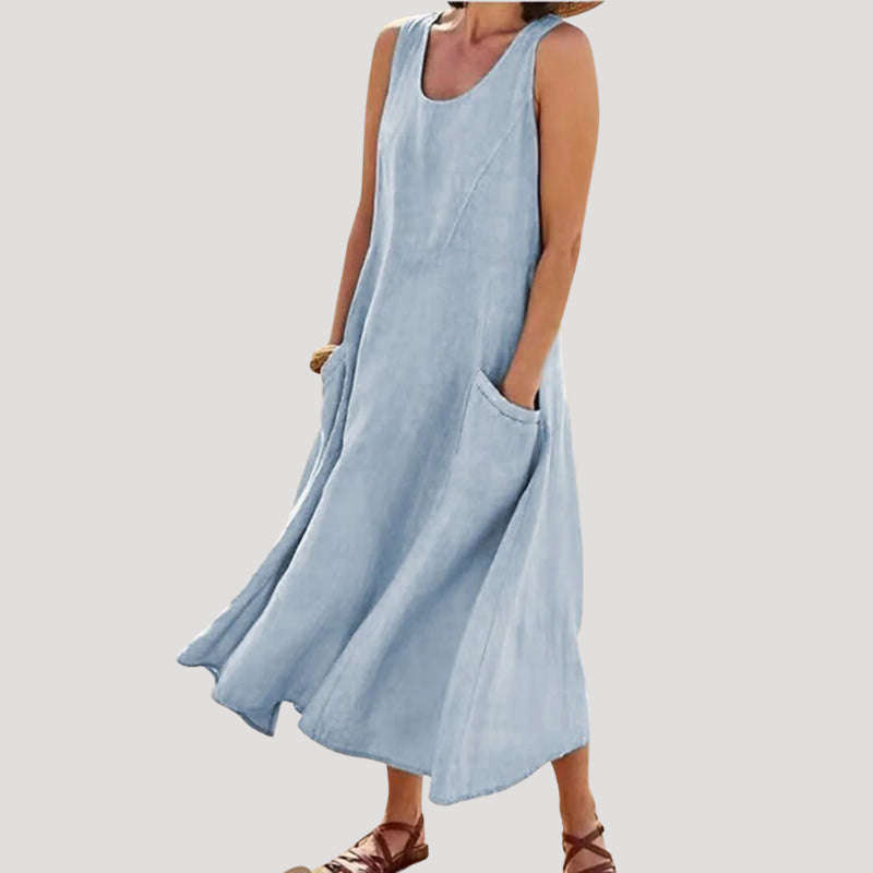Valestine | Women's Elegant Linen Dress Maxi Sleeveless Tank Loose Pocket Casual — Sky Blue