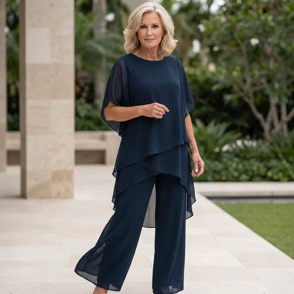 Veldora | Women's Wide-Leg Linen Elegant Draped Palazzo Pants Set — Blue