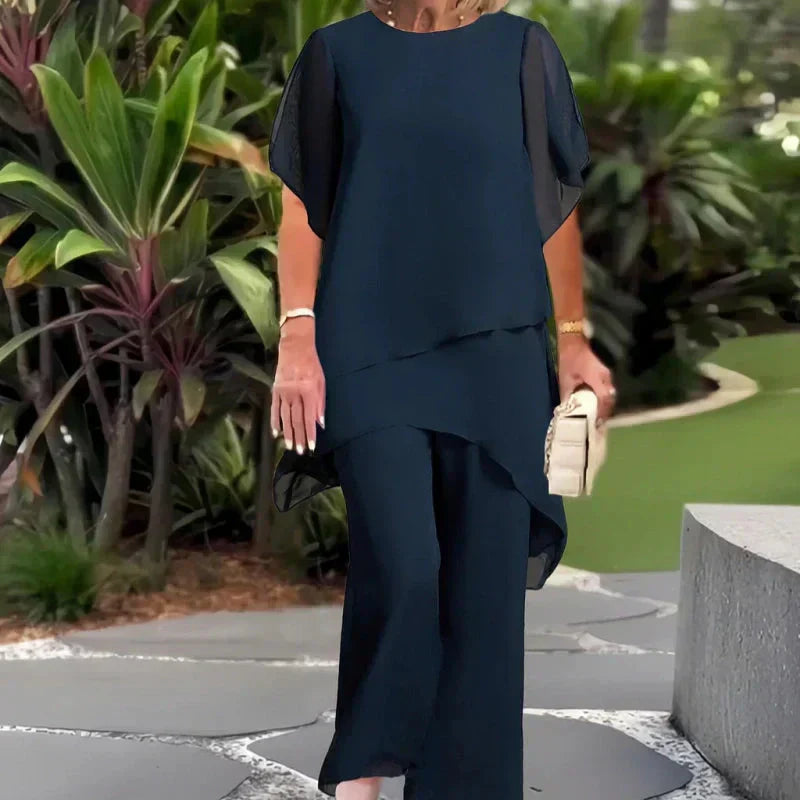 Veldora | Women's Wide-Leg Linen Elegant Draped Palazzo Pants Set — 2