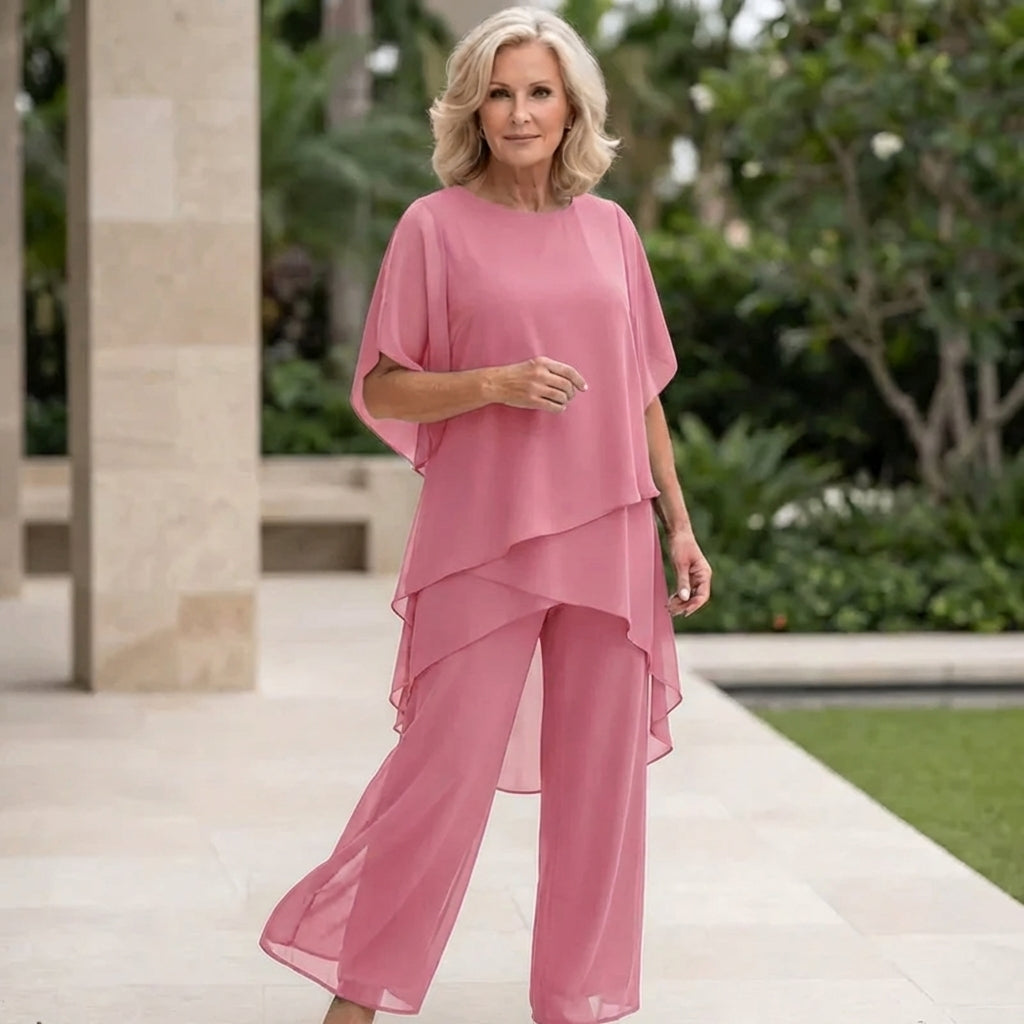 Veldora | Women's Wide-Leg Linen Elegant Draped Palazzo Pants Set — Pink