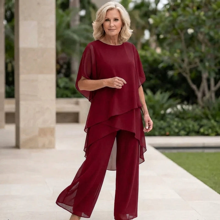 Veldora | Women's Wide-Leg Linen Elegant Draped Palazzo Pants Set — Red