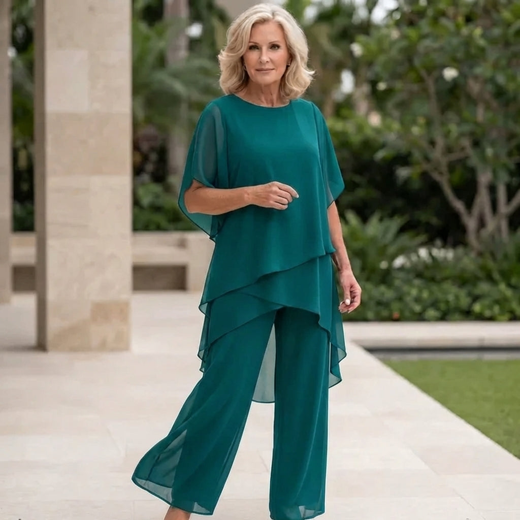 Veldora | Women's Wide-Leg Linen Elegant Draped Palazzo Pants Set — Turquoise