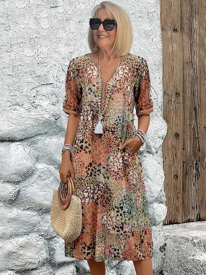 Velella | Women's Elegant Vibrant Midi Dress — Sandy Beige