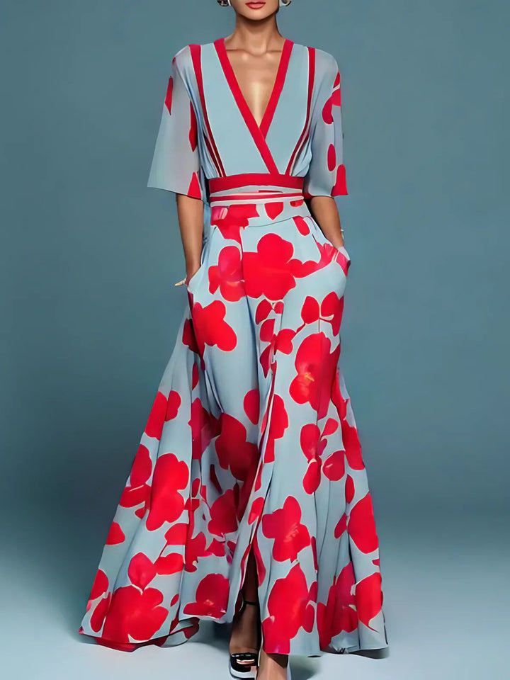 Velessa | Women's Elegant Floral V-Neck Long Dress — Red