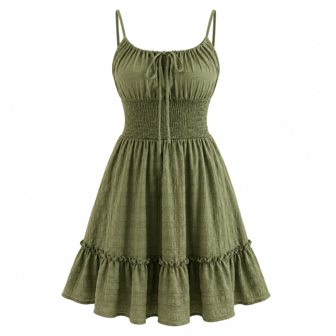 Velnia | Women's Elegant Ruched Mini Sundress Sage Green Cotton for — 2