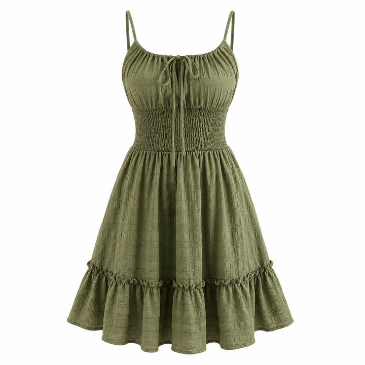Velnia | Women's Elegant Ruched Mini Sundress Sage Green Cotton for — 2