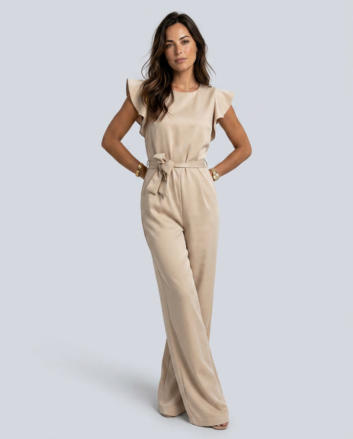 Vera | Women's Elegant Wide-Leg Jumpsuit with Ruffle Sleeves — Beige