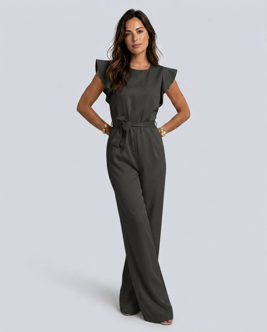 Vera | Women's Elegant Wide-Leg Jumpsuit with Ruffle Sleeves — Black