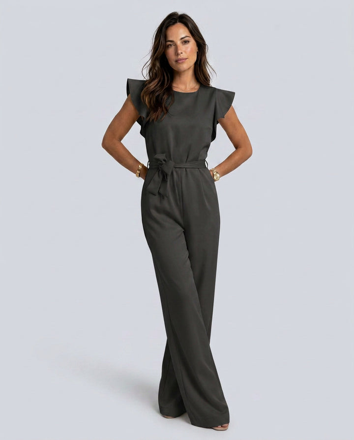 Vera | Women's Elegant Wide-Leg Jumpsuit with Ruffle Sleeves — Black