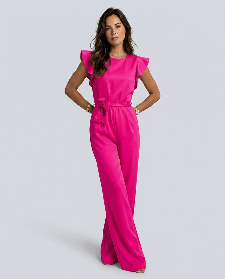 Vera | Women's Elegant Wide-Leg Jumpsuit with Ruffle Sleeves — Pink