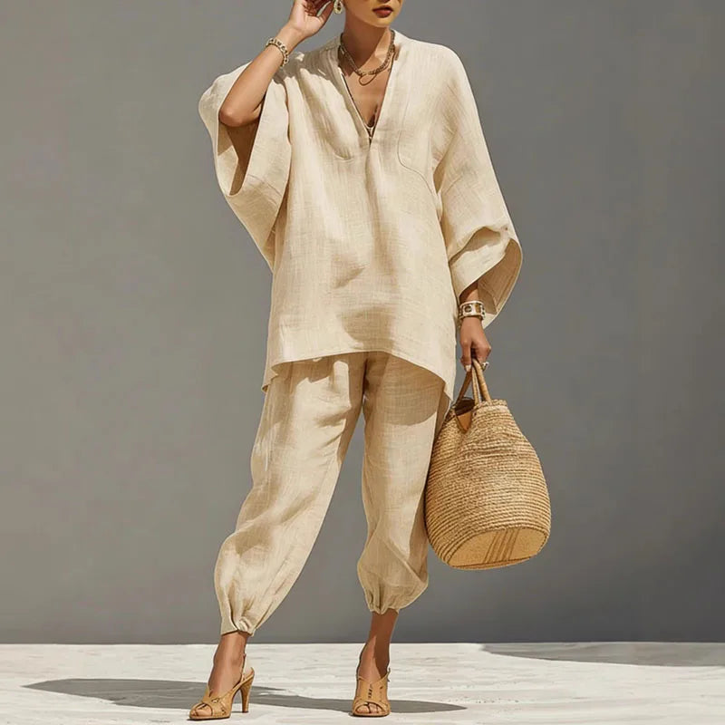 Veradessa | Women's Two-Piece Batwing Wide Leg Matching Set — Apricot