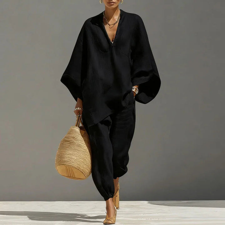 Veradessa | Women's Two-Piece Batwing Wide Leg Matching Set — Black