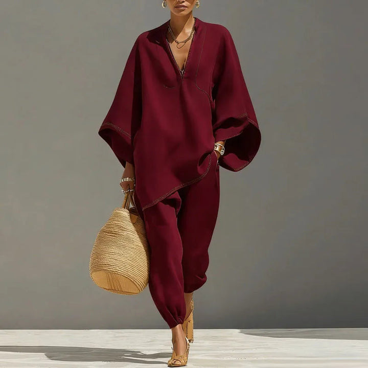 Veradessa | Women's Two-Piece Batwing Wide Leg Matching Set — Wine Red