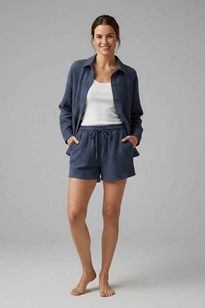 Veradora | Women's Matching Relaxed Fit Two-Piece Shirt and Shorts Set for Casual Daily Wear — Blue