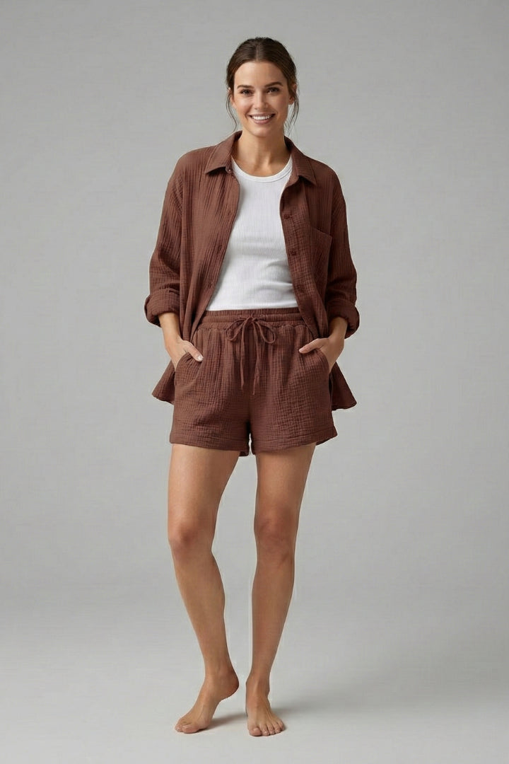 Veradora | Women's Matching Relaxed Fit Two-Piece Shirt and Shorts Set for Casual Daily Wear — Brown