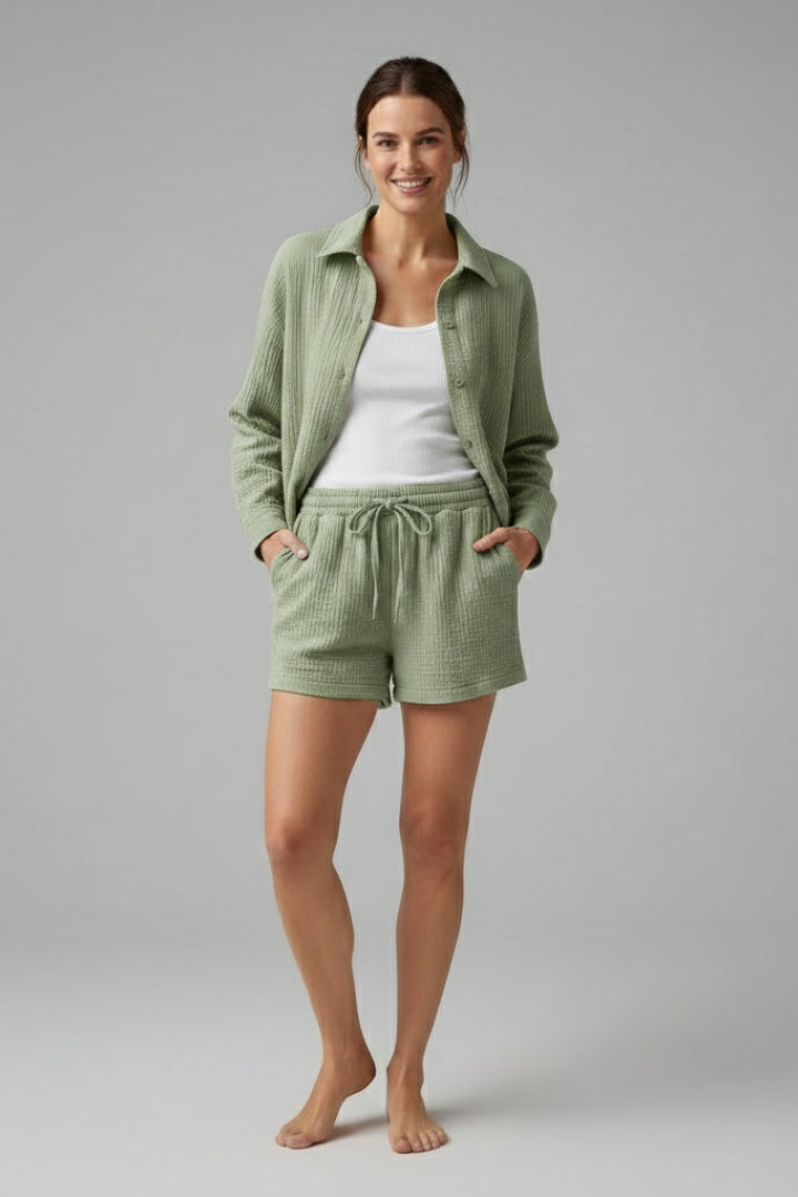 Veradora | Women's Matching Relaxed Fit Two-Piece Shirt and Shorts Set for Casual Daily Wear — Light Green
