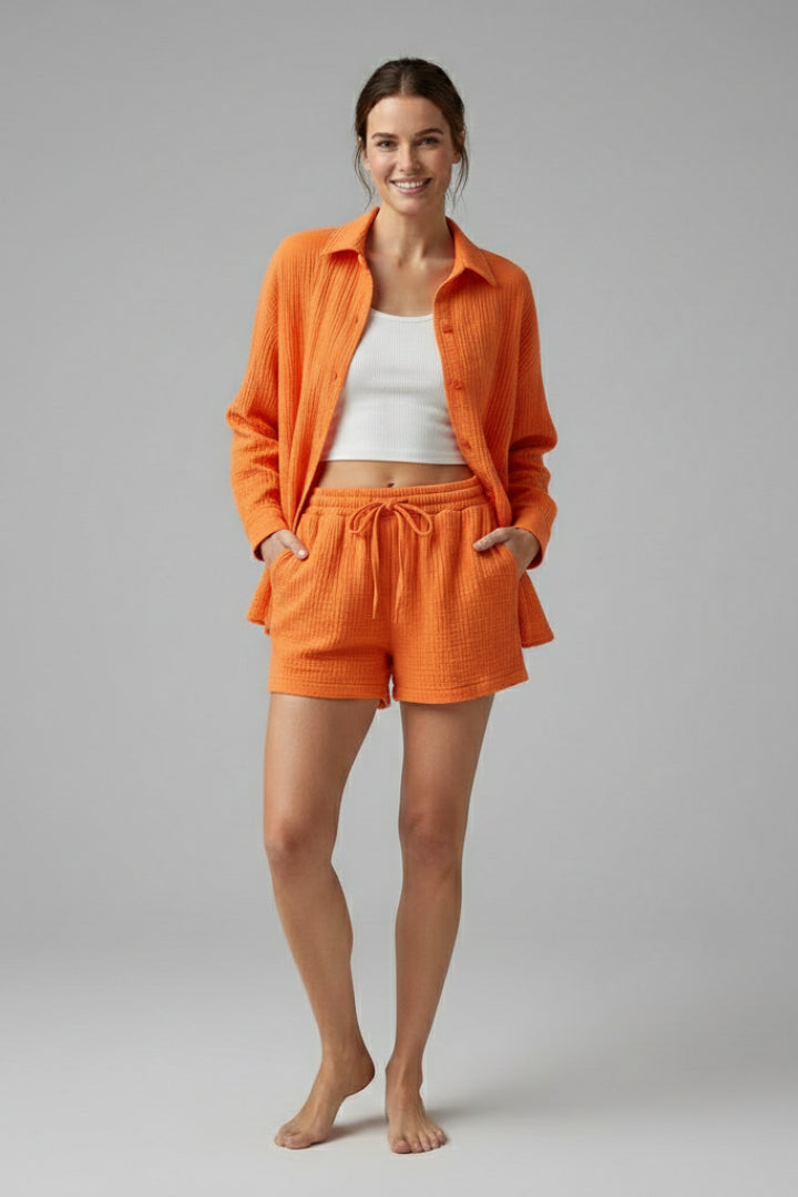 Veradora | Women's Matching Relaxed Fit Two-Piece Shirt and Shorts Set for Casual Daily Wear — Orange
