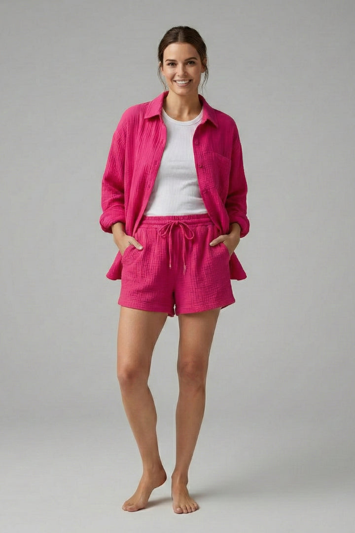 Veradora | Women's Matching Relaxed Fit Two-Piece Shirt and Shorts Set for Casual Daily Wear — Pink