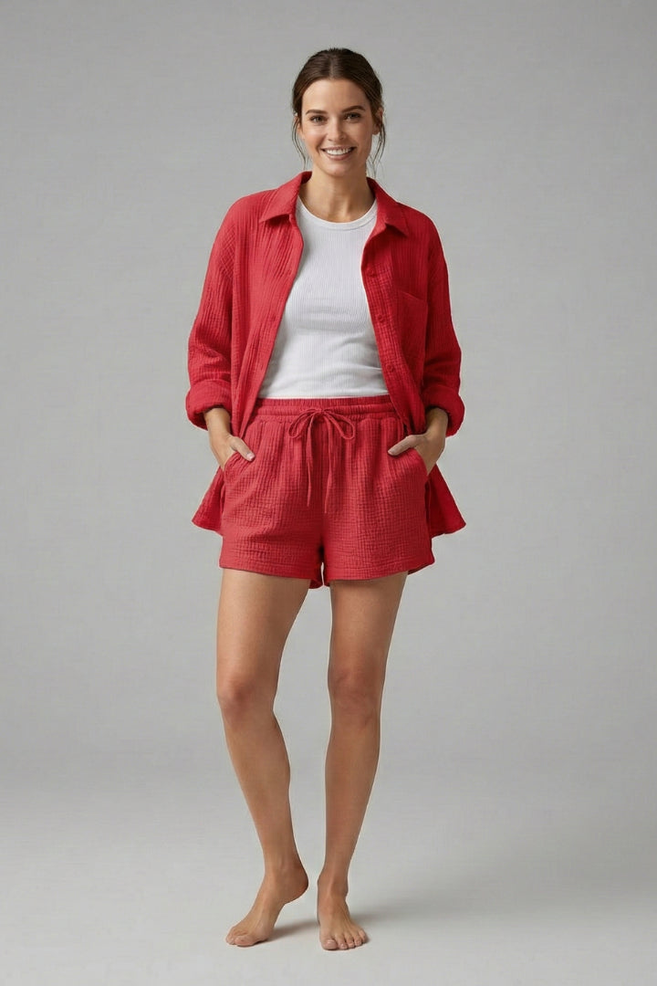 Veradora | Women's Matching Relaxed Fit Two-Piece Shirt and Shorts Set for Casual Daily Wear — Red